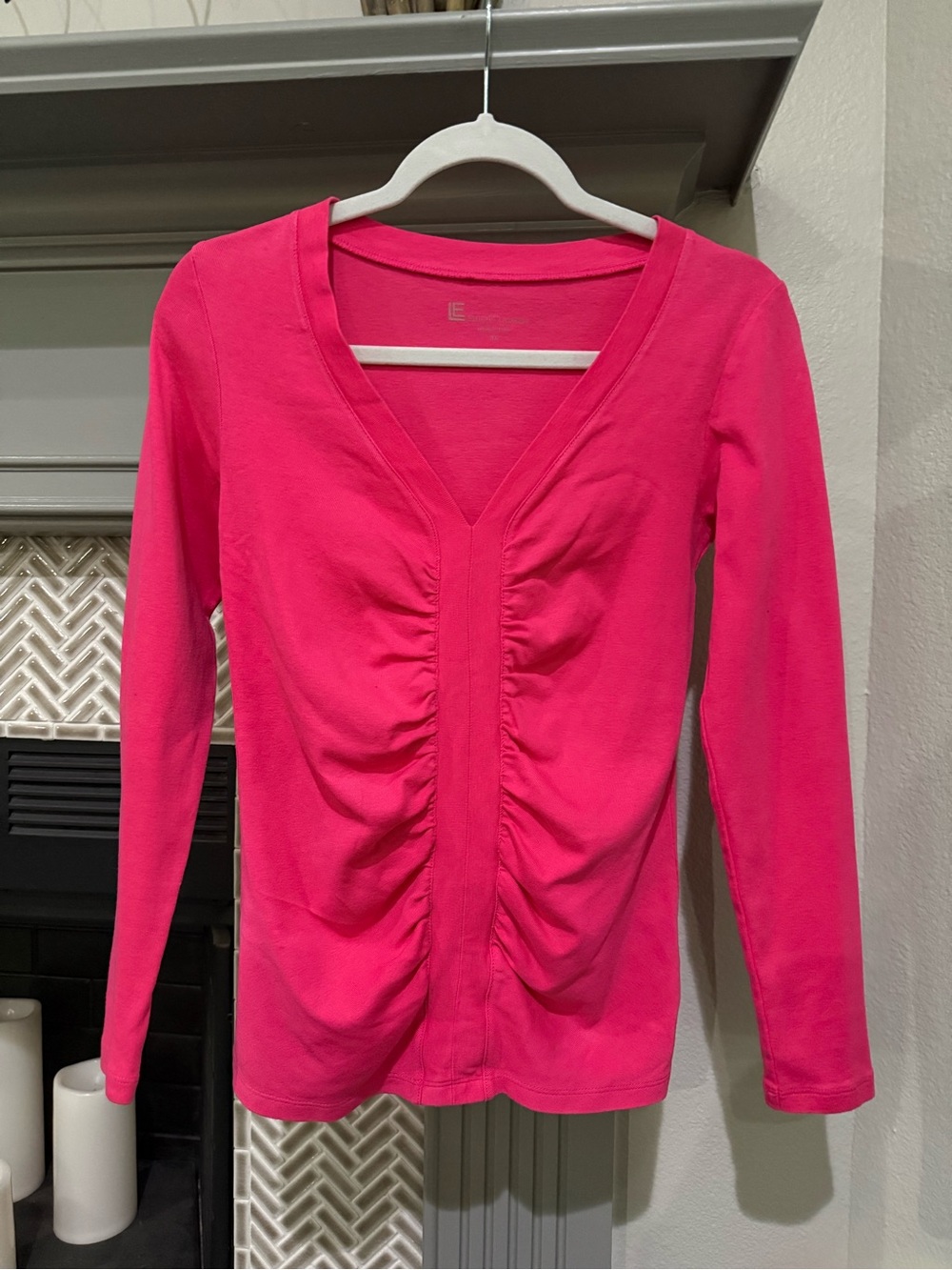 Elliott Lauren Ruched V-Neck Long Sleeve Top - Hot Pink